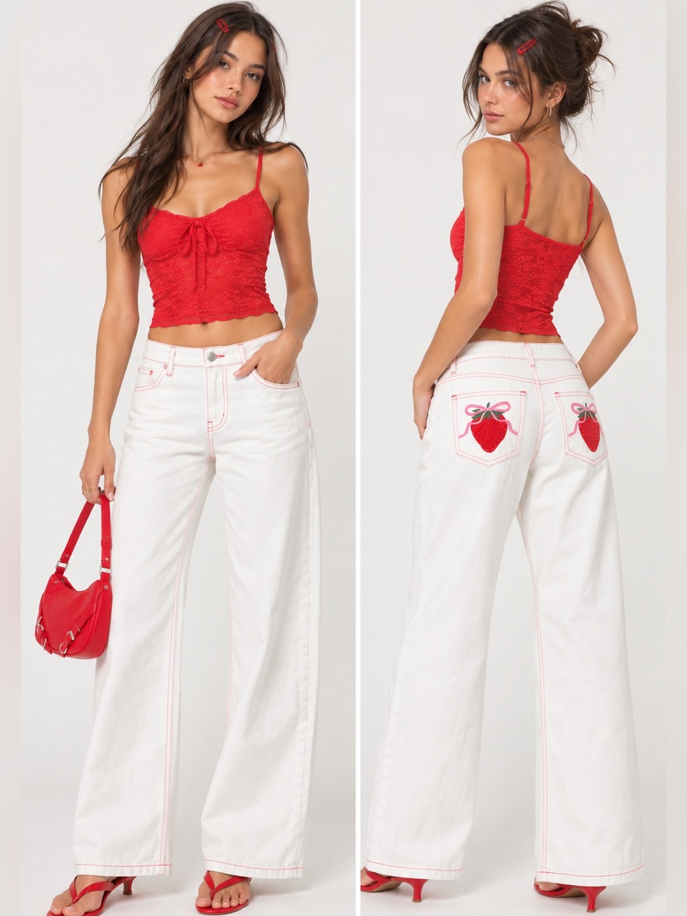 Telepatia Strawberry Embroidered Low Rise Wide Leg Jeans 7/28 NWT